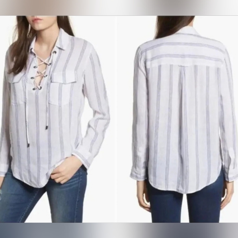 RAILS Matea Flamenco Stripe Linen Blend Top White Blue Size Small